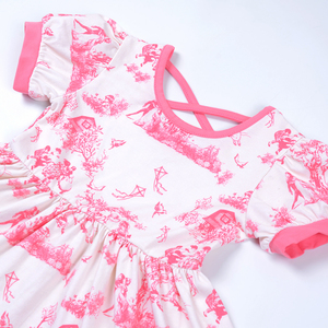 Vestito Estivo per Bambine con Stampa Toile De Jouy Rosa, Abito a Maniche Corte per Feste, Compleanni e Servizi Fotografici - Product Image 5
