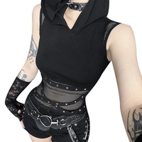 Débardeur court gothique punk pour femme avec capuche, patchwork en maille, bretelles à rivets, style Y2K streetwear, pour club et rave