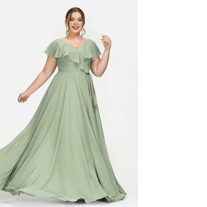 Robe de Demoiselle d'Honneur Longue en Chiffon Grande Taille Personnalisée avec Manches Volantées et Plissées – Vente en Gros - Product Image 3
