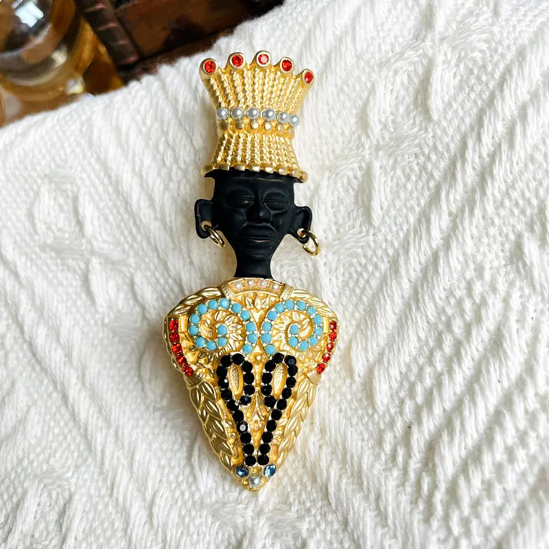 Aksesoris Perhiasan Antik Pin Berlapis Emas Logam Mutiara Kristal Afrika Ratu Mahkota Gambar Suku Wanita Mesir Bros untuk Wanita