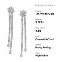 Boucles d'oreilles pendantes en or blanc 18 carats avec diamants de 3,273 carats, chaîne double rangée style tennis à pampilles, grappe de fleurs et diamants taille poire pour soirée