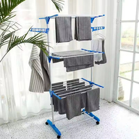 Séchoir à linge pliable télescopique détachable léger à 4 niveaux et double pôle en métal enduit de poudre avec roues