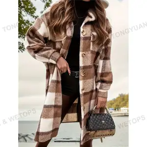 Custom Clothing Manufacturers Autumn Winter Women Outwear Jacket Long Sleeves Plaid Printed Trench Coat In Stocks For Sell