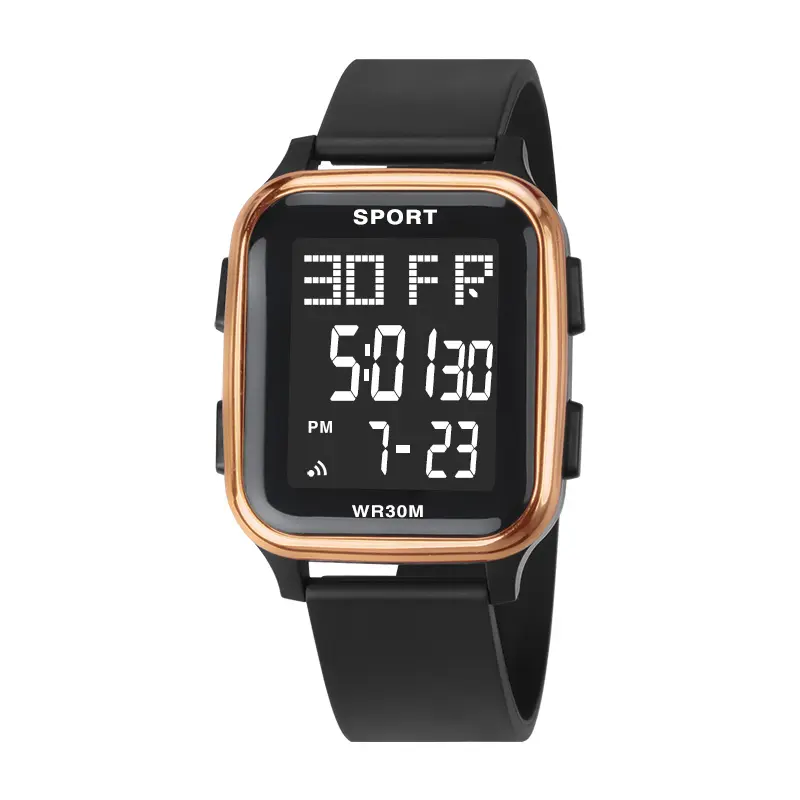 Relógio esportivo luminoso personalizado de plástico LCD simples para homens estilo digital retrô à prova d'água