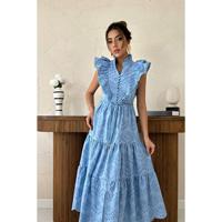 Robe de soirée modeste bleue à volants et boutonnée, translucide, pour femme, de la marque Elisa Fashion, avec logo personnalisé, tailles XS-XL, décontractée, grande taille, pour club, vente en gros