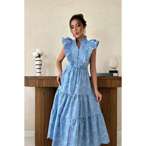 Robe de soirée modeste bleue à volants et boutonnée, personnalisable avec logo, tailles XS-XL, vêtements décontractés grande taille pour le club, translucide - Product Image 2