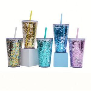Gobelet à paille transparent minimaliste en plastique à double paroi de 16 oz, grande capacité, pour lait et jus, avec paillettes – Meilleures ventes - Product Image 1