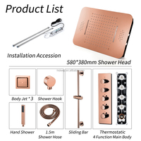 Système de douche HIDEEP Music LED en laiton doré rose, pommeau de douche pluie et cascade 23*15 pouces, barre coulissante, robinet de salle de bain encastré au plafond