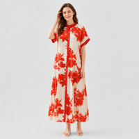 Robe longue élégante pour femme à imprimé floral rouge, col montant, boutonnée, style chemise, décontractée pour l'été