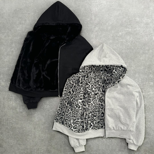 맞춤형 후디 재킷 이중 레이어 레오파드 프린트 헤비 웨이트 프렌치 테리 오버사이즈 인조 퍼 리버시블 지퍼업 블랭크 후디 남성용 - Product Image 1