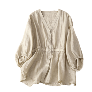 Women's <b>Linen</b> V-Neck Blouse With Balloon Sleeves Loose Fit Solid Color Casual Spring Summer <b>Top</b> Breathable Woven Fabric - Product Image 1