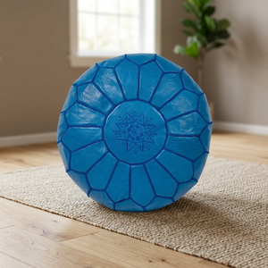 Round Blue Genuine <b>Leather</b> Pouf <b>Cushion</b> <b>Cover</b> Handmade Bohemian Style Stitched Design Zipper Closure Customizable Home Decor - Product Image 4