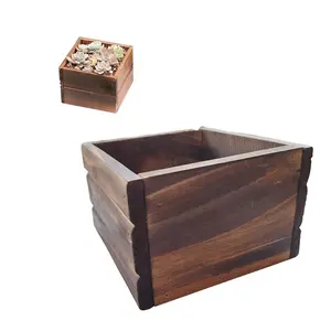 Caja de cubo rústico para macetas de plantas suculentas, caja de artesanía decorativa de madera