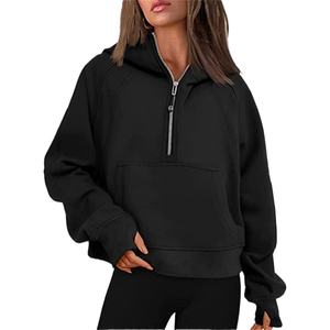 Sudadera con Capucha Deportiva de Alta Calidad Personalizada para Mujer, Sudadera Corta Holgada Negra de Felpa Gruesa con Media Cremallera para Mujer - Product Image 2