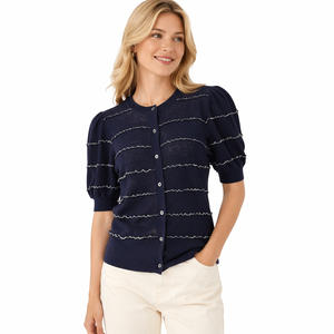Cardigan da <span class=keywords><strong>Donna</strong></span> di Alta Qualità Personalizzato OEM ODM, Stile Nautico a Righe, Collo Tondo, 80% <span class=keywords><strong>Lino</strong></span> 20% Nylon, Traspirante - Product Image 1