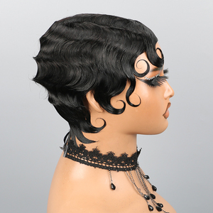 <span class=keywords><strong>Parrucche</strong></span> <span class=keywords><strong>Corte</strong></span> Pixie Cut in Capelli Umani per Donne, Parrucca con Onde Finger Wave, Colore Naturale, Senza Colla, Realizzata a Macchina - Product Image 1