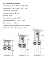 Prise de table intelligente Wi-Fi 6 prises, prise israélienne, IP65, motorisée, chargement sans fil, haut-parleur, contrôle à distance par application, SDK, aluminium