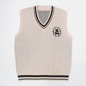2024 사용자 정의 로고/라벨 자수 패턴 소년 소녀 니트 V 넥 민소매 스웨터 조끼 중학교 유니폼