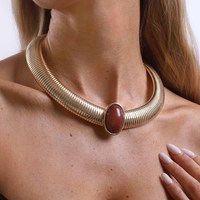 Collier Classique Maille Cubaine Plaqué Or avec Breloque en Pierre Précieuse, Style Miami, Bijou Jonc pour Femme