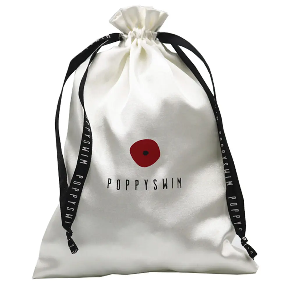 ギフト/ヘアエクステンション/衣類/ショッピングダスト包装ポーチ用の豪華なカスタム印刷ロゴホワイトドローストリングサテンバッグ