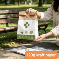 Sacs en papier kraft recyclé pour ordonnances médicales avec logo personnalisé imprimé, fermeture à languette, pour pharmacie