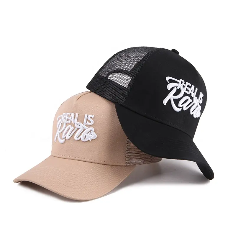 Commercio all'ingrosso di alta qualità classico personalizzato progetta il tuo Logo ricamo 3d 5 pannelli Gorras Mesh Trucker Caps cappelli da uomo