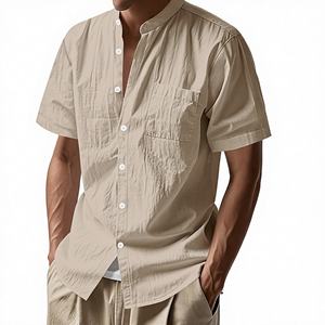 <span class=keywords><strong>Chemise</strong></span> d'été décontractée pour homme <span class=keywords><strong>en</strong></span> <span class=keywords><strong>lin</strong></span>, à col montant, à manches courtes, à boutonnage simple, couleur unie, sans <span class=keywords><strong>repassage</strong></span>, ornée de 25 perles - Product Image 1