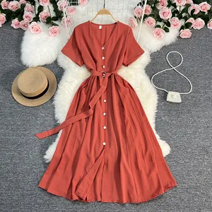 Wholesale 10 colors free size stylish soild v neck midi dresses women button up split belted dress