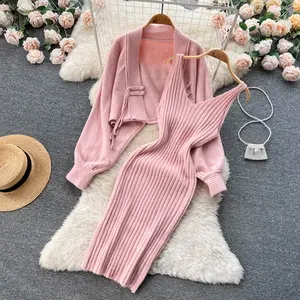 Autumn and winter knitting suit women's short sweater shawl coat+suspender dress two-piece set