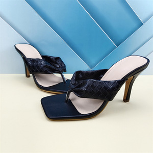 Sandali estivi di qualità con tacco a spillo a punta quadrata Sexy da donna sandali estivi di qualità Slip da esterno su <span class=keywords><strong>infradito</strong></span> superiore in pelle metallizzata - Product Image 3