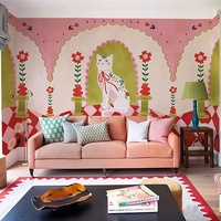Papier peint mural floral chat mignon dessin animé aquarelle, motif botanique violet doux, pour chambre de filles et décoration de crèche