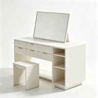 Ensemble coiffeuse moderne et écologique avec miroir inclinable, 4 tiroirs et étagère de rangement à panneaux, tabouret de coiffeuse pour chambre à coucher