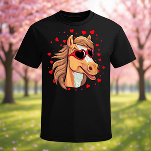 T-shirt mignon avec un cheval et des lunettes de soleil en forme de cœur pour la Saint-Valentin, pour les amoureux des chevaux - Product Image 3