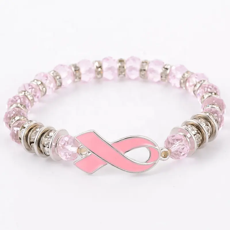 Hecho a mano de las señoras cuentas de vidrio pulseras cinta Rosa encantos de la concientización sobre el cáncer de mama pulseras