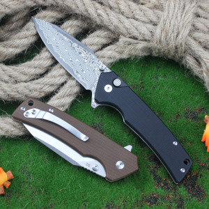 سكين جيب قابل للطي Tunafire طراز GT-DM018 تكتيكي قابل للتخصيص بنصل من الفولاذ الدمشقي/D2، قفل بزر، نصل من فولاذ D2 ومقبض G10 - Product Image 3