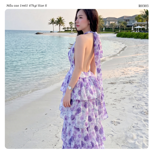 Women Floral Chiffon Tiered Maxi <b>Dress</b> Halter Neck A-Line <b>Summer</b> <b>Boho</b> Style Breathable Sleeveless Long Flowy ODM Vietnam - Product Image 6