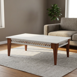 Table basse moderne du milieu du siècle avec rangement, plateau en stratifié blanc, pieds en bois, meubles de salon - Product Image 4