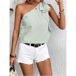 เสื้อผู้หญิงลายทางแบบไหล่เดียว แขนกุด เสื้อฤดูร้อนลำลองสำหรับวันหยุด ผ้าป๊อปลินระบายอากาศได้ดี - Product Image 3