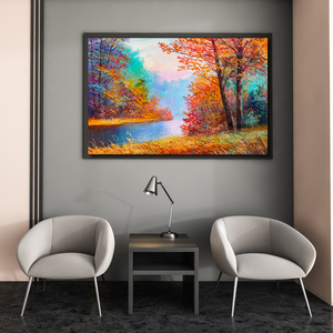 Tableau mural sur toile Forêt d'automne colorée, Impression de paysage peint à l'huile vibrante avec cadre <span class=keywords><strong>PS</strong></span> noir pour la décoration intérieure du salon - Product Image 1
