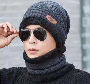 Ensemble bonnet et écharpe d'hiver unisexe confortable de bonne qualité et pas cher, bonnet en tricot pour homme avec fourrure intérieure - Product Image 2