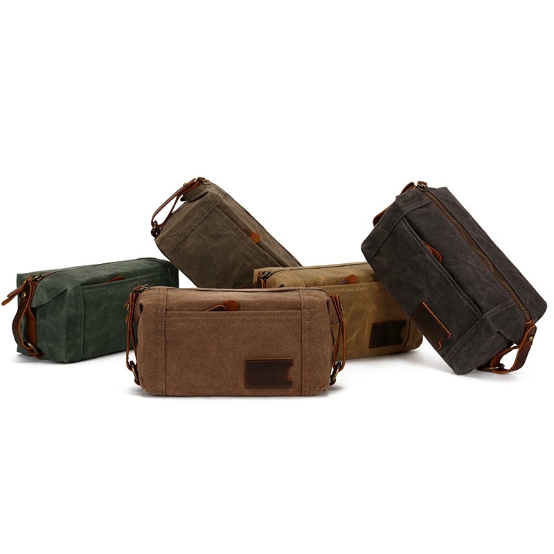 Men's Retro Clutch Cosmetic Bag Spliced Wrist Travel Cosmetic Bag Oil Waxed Canvas Waterproof Fabric Leather Makeup Bag