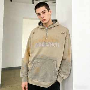 OEM Clothing Manufacturer Custom Vintage Spray <b>Pullover</b> Cotton Boxy Fit Rhinestone French Terry Distressed <b>Men</b> 1/4 Zipper Hoodie - Product Image 3