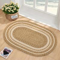 Tapis de sol ovale tressé à la main en herbe de la canne, style bohème rayé naturel, pour entrée, chambre et salon