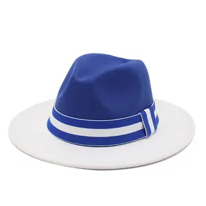 ready to ship fashion Wide Brim Fedora for Women Men Two Tone Fedora 2 tone blue and white fedora hat with ribbon