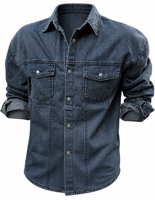 Kemeja Denim Dark Wash Pria Vintage Kancing Jepret Lengan Panjang Kemeja Kerja Western OEM ODM Custom Grosir
