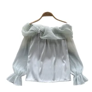 Kleding Groothandel Herfst Losse Super Feeën Dames Shirt 2023 Zoete Lange Mouw Blouse Zachte Een Schouder Chiffon Dame Top