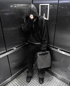 Đường Phố Mặc Tùy Chỉnh Người Đàn Ông Của 100% Bông Vòng Tròn Len Đầy Đủ In Rhinestone Vuông Ngắn Đầy Đủ Mặt Nửa Zip Áo Cho Nam Giới - Product Image 4