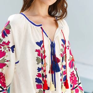 Elegante Vestido de Lino y Algodón Personalizable, Cuello Redondo, Estilo Casual Holgado, Mangas Abullonadas, Vestido Midi de Verano para Mujer - Product Image 2