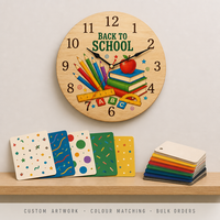 Horloge murale en bois imprimée aux couleurs vives 25x25cm, motif festif sans bordure, horloge ronde suspendue, décoration intérieure, vente en gros, personnalisable