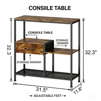 Table console industrielle à 3 niveaux avec tiroir en tissu, table d'entrée étroite, table d'appoint de canapé, structure métallique, étagère en bois grainé pour couloir